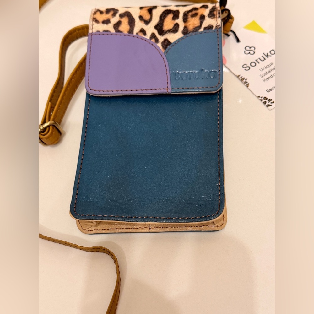 Soruka Recycled Leather Phone Crossbody  Barcelona Leopard Colorblock Wallet NWT
